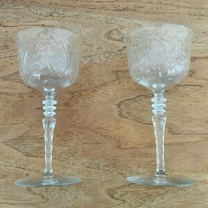 Vintage 4 Art Deco Floral Etched Crystal 3 OZ Liquor Glasses